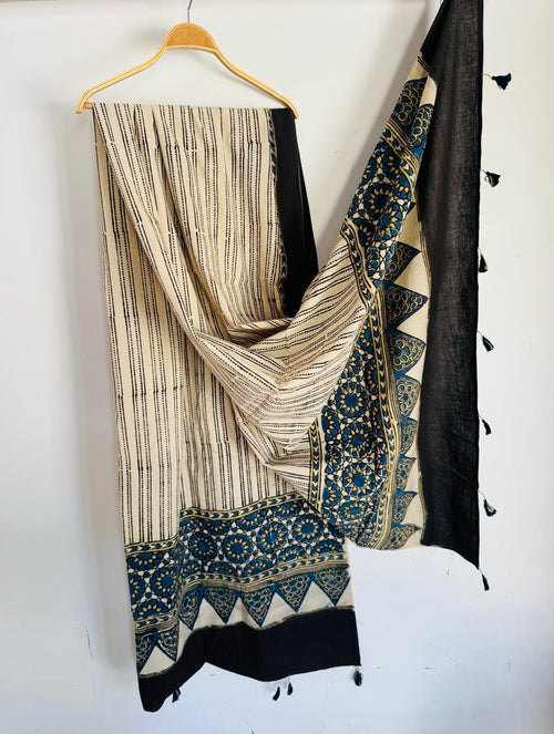 Ajrakh Hand Block Print Natural Dyed Cotton Dupatta With Tassels