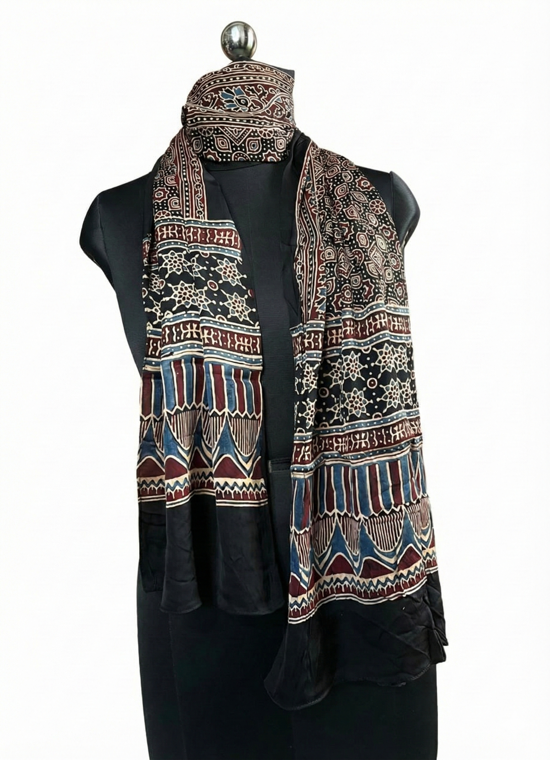 Ajrakh Modal Silk Handblock Printed Stole