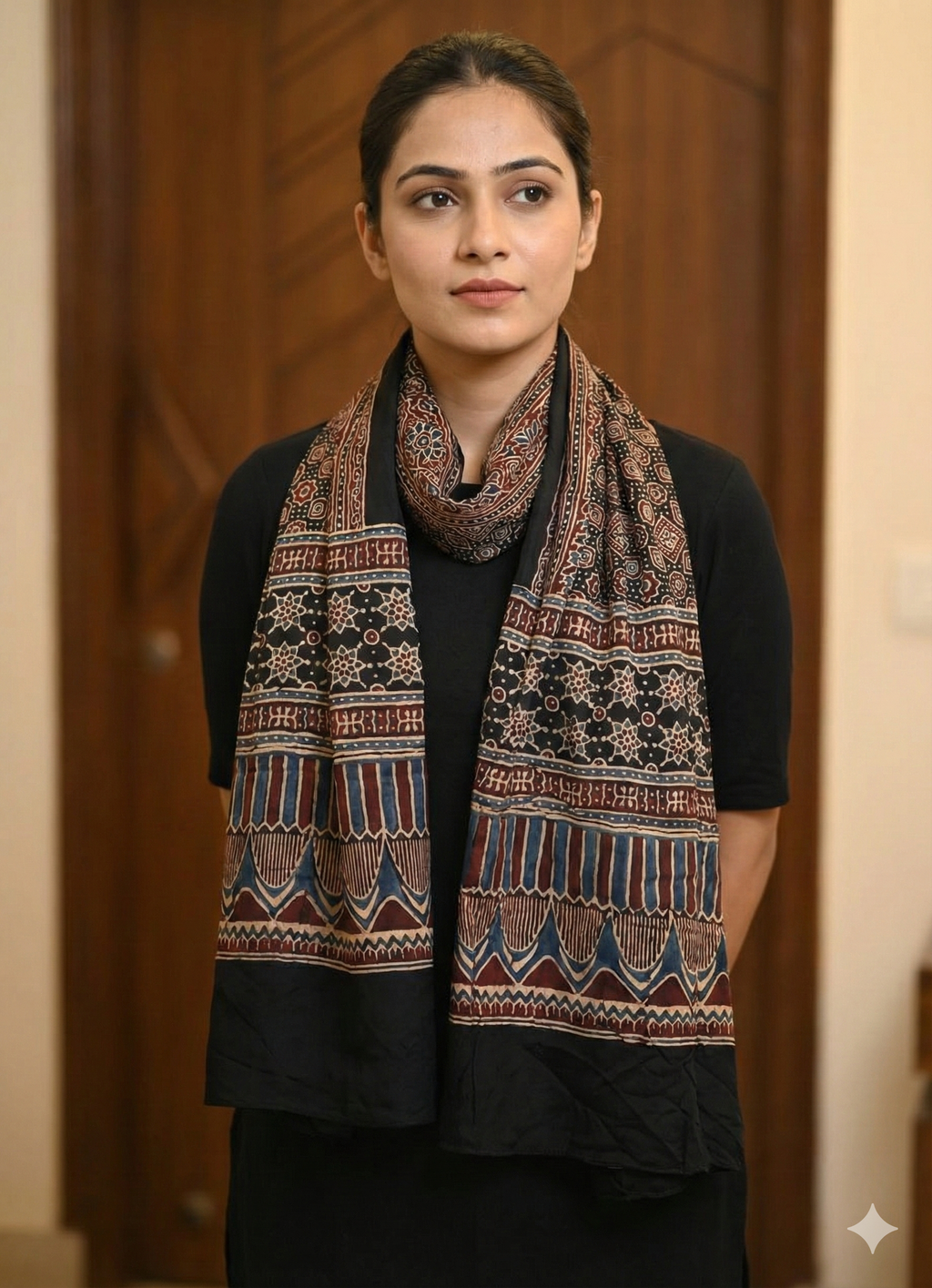 Ajrakh Modal Silk Handblock Printed Stole