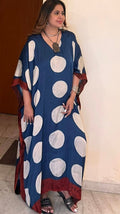 Indigo White Circle Ajrakh Handblock Kaftan - Neela Ghar