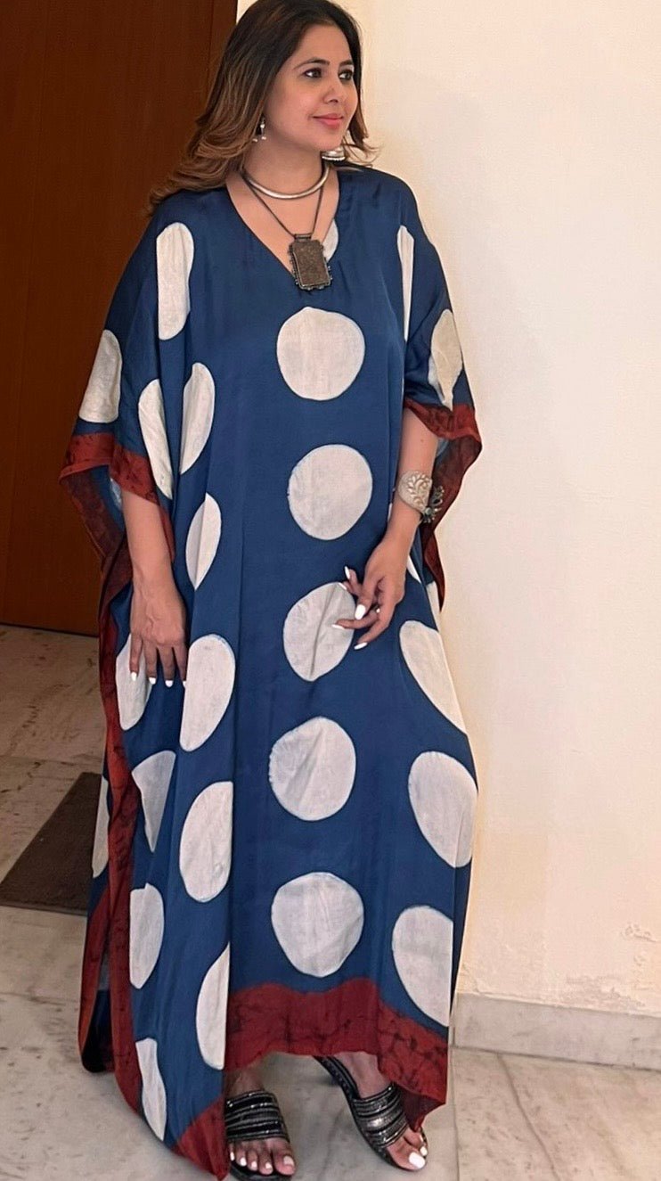 Indigo White Circle Ajrakh Handblock Kaftan - Neela Ghar