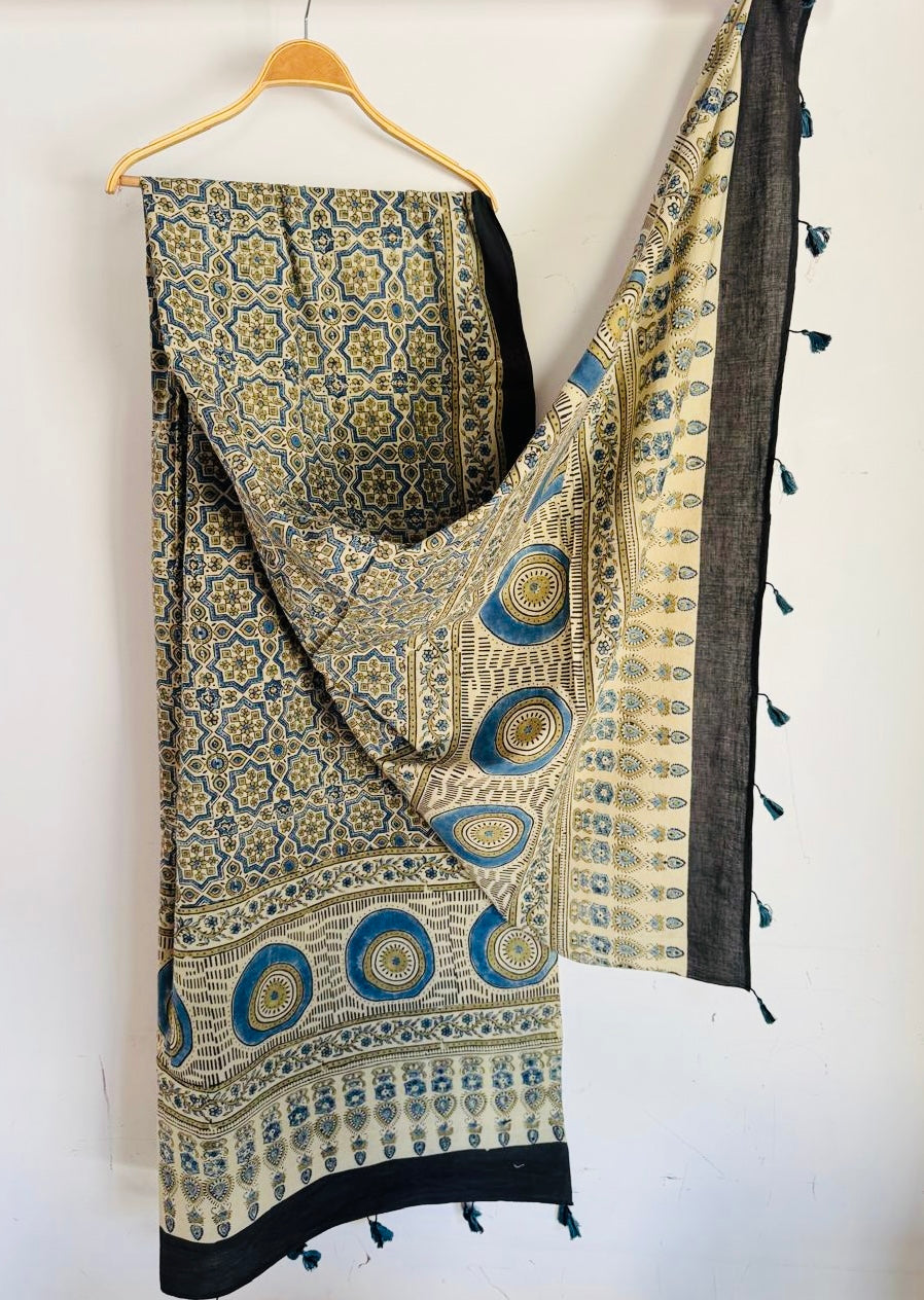 Ajrakh Hand Block Print Natural Dyed Cotton Dupatta With Tassels