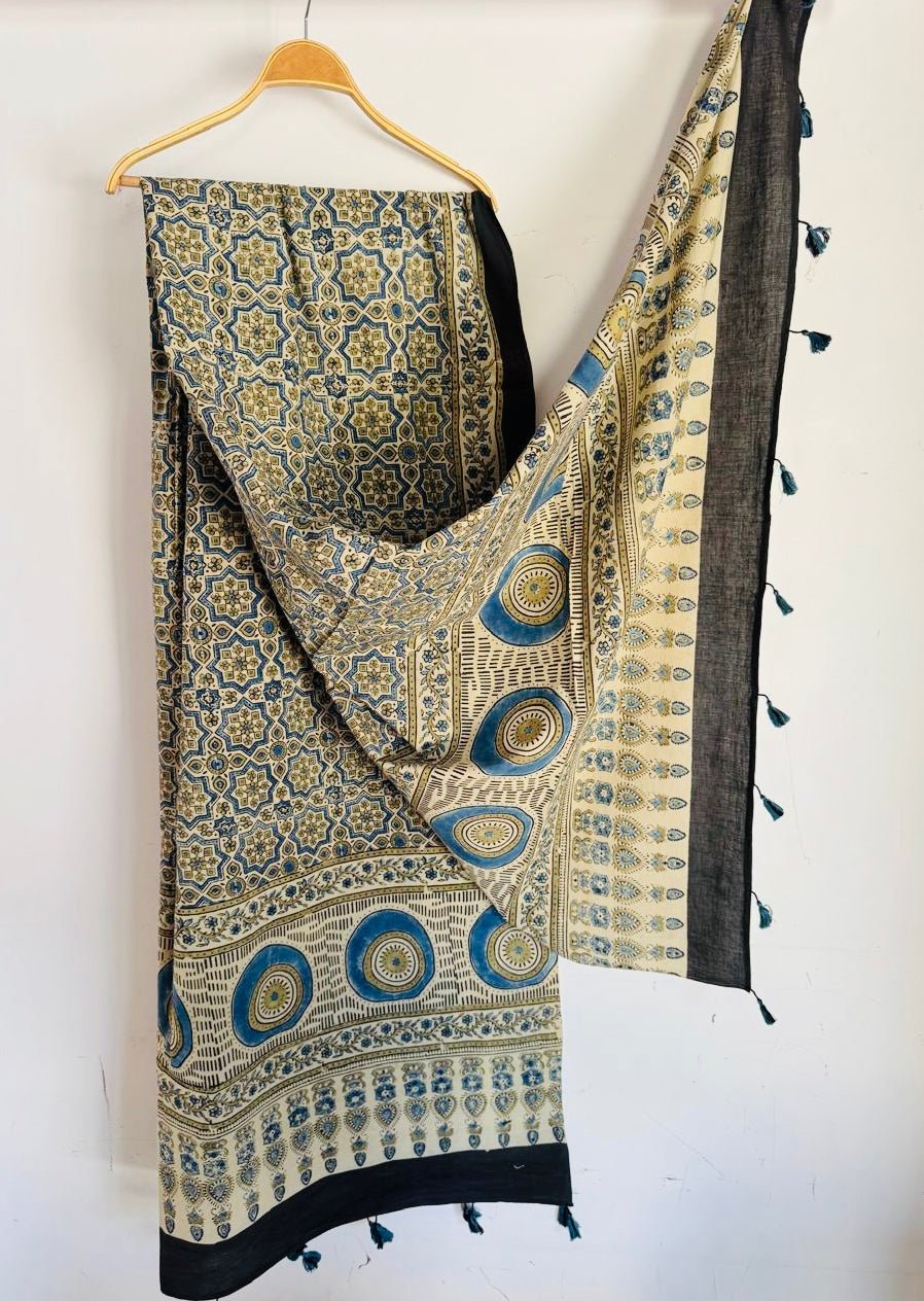 Ajrakh Hand Block Print Natural Dyed Cotton Dupatta With Tassels 113 - Neela Ghar