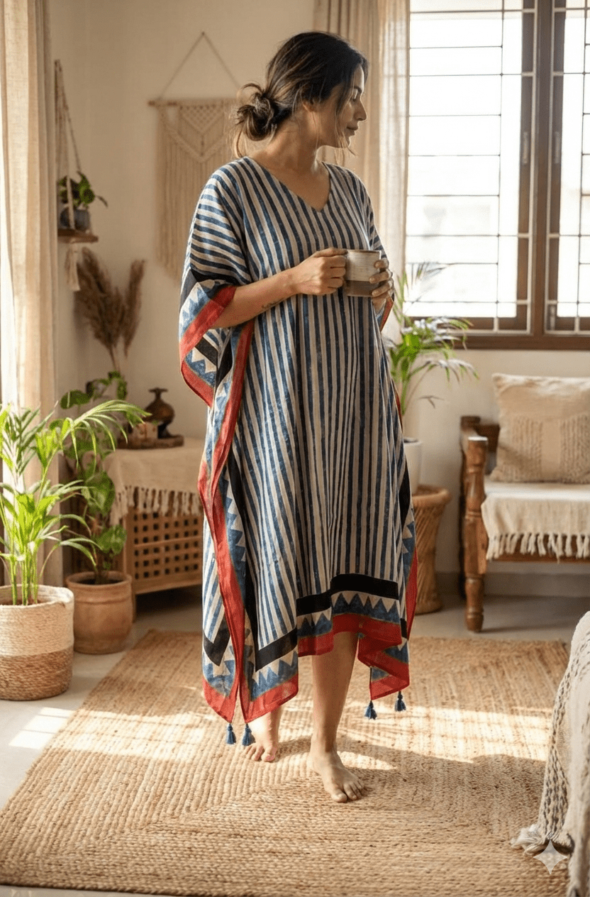 White Blue Stripes Ajrakh Handblock Kaftan - Neela Ghar