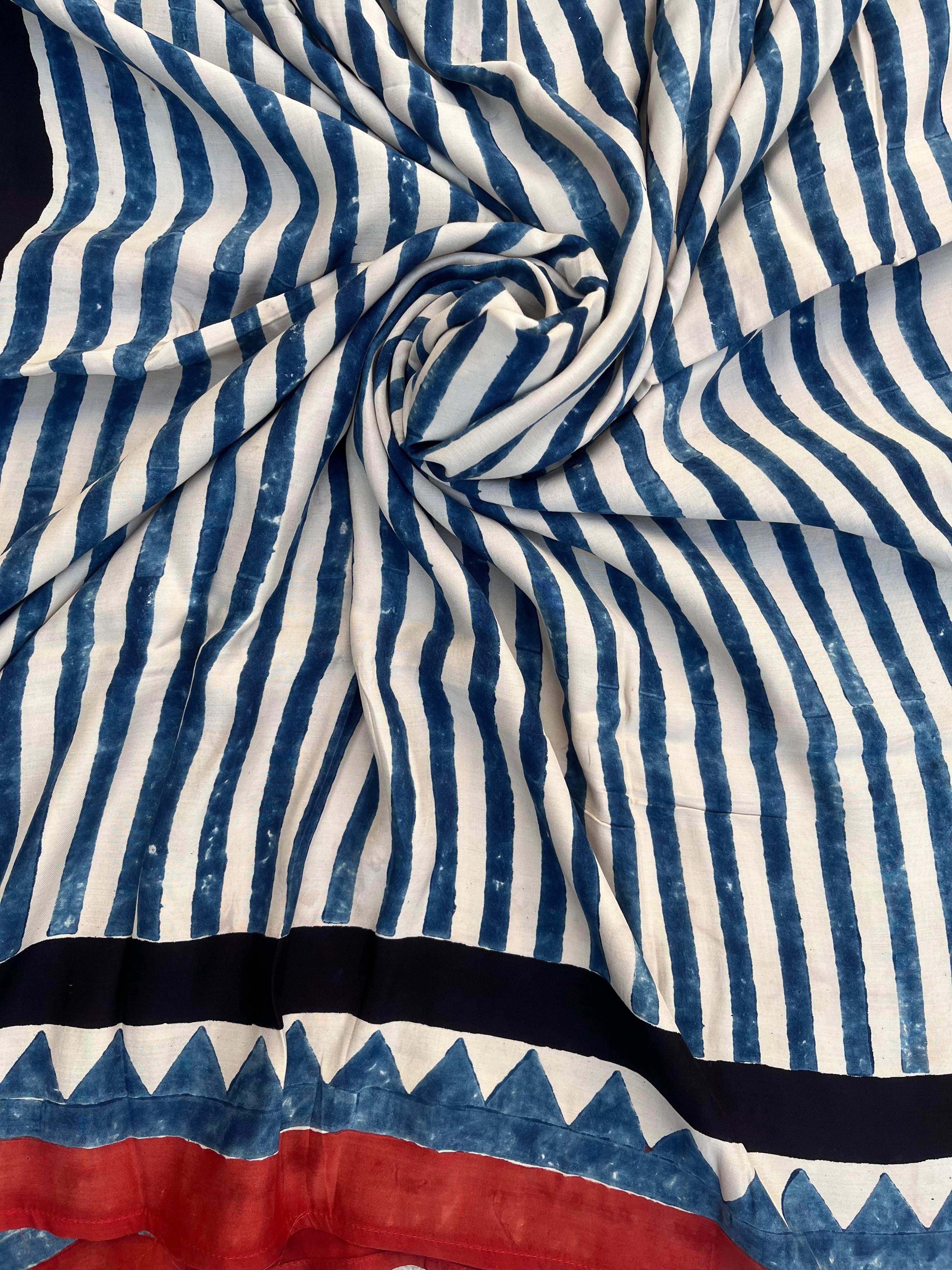 White Blue Stripes Ajrakh Handblock Kaftan - Neela Ghar