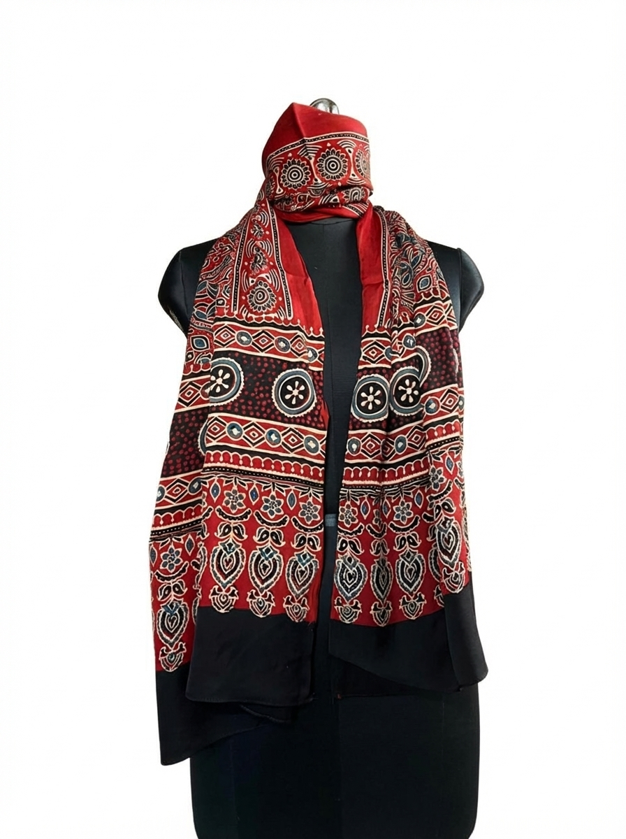 Ajrakh Modal Silk Handblock Printed Stole