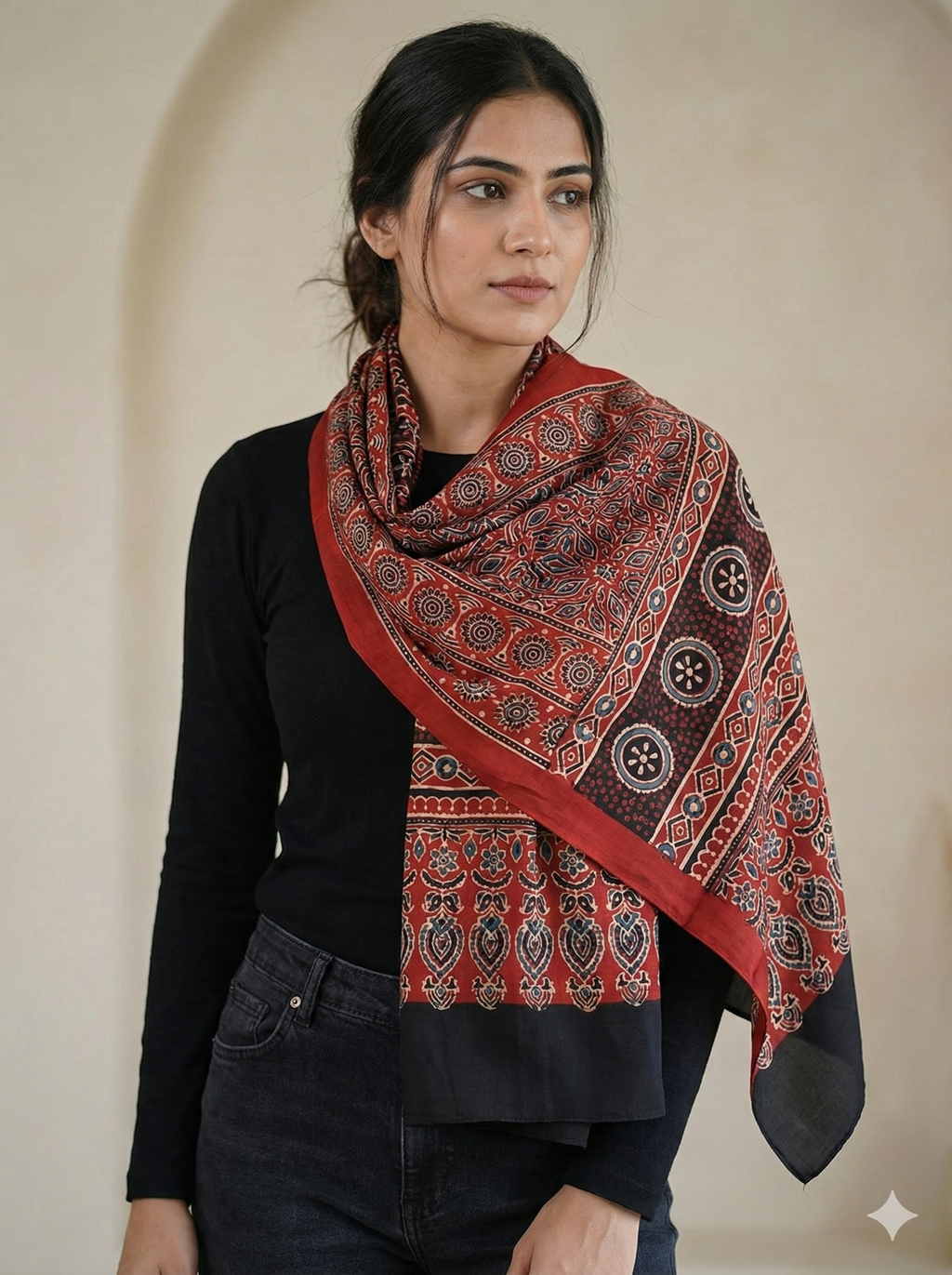 Ajrakh Modal Silk Handblock Printed Stole