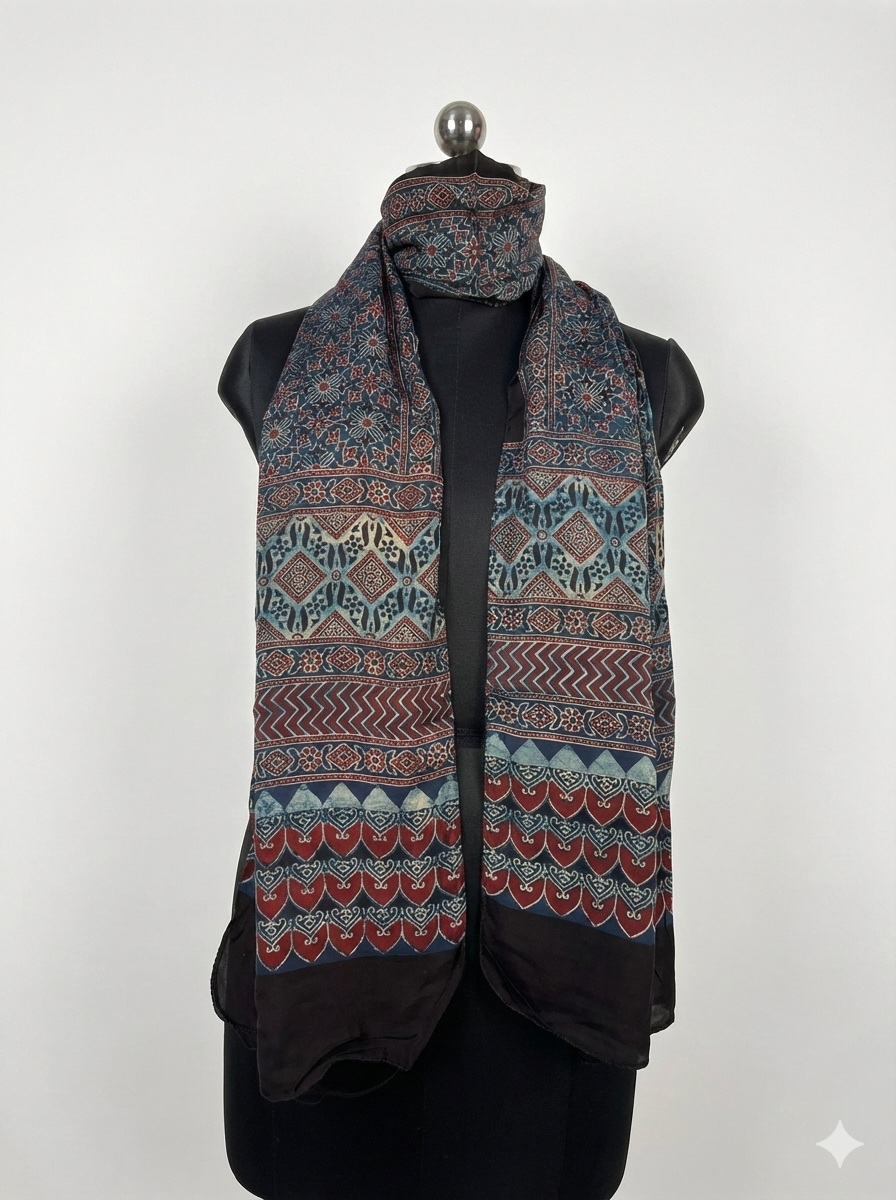Ajrakh Modal Silk Handblock Printed Stole