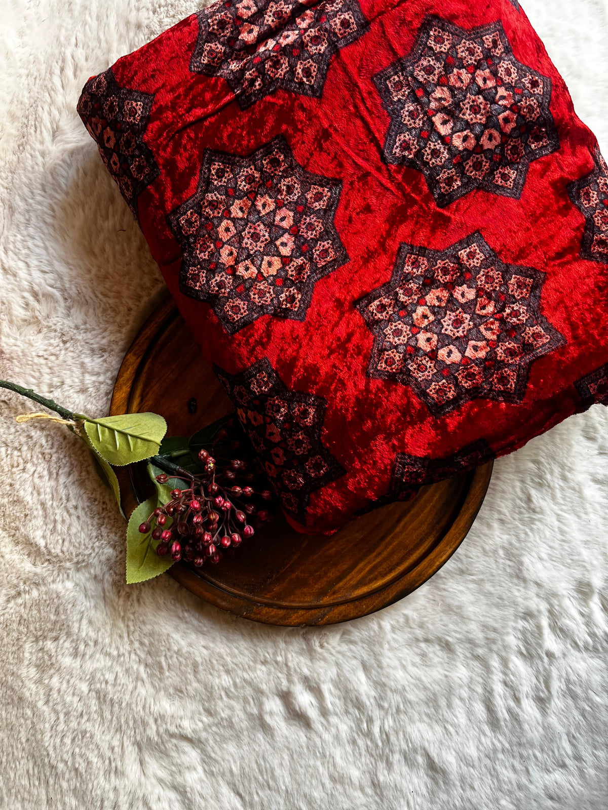 Red Star Velvet Natural Dyed Hand Block Print Ajrakh Fabric