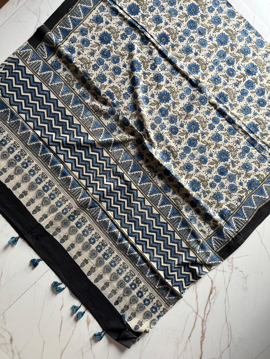 Ajrakh Hand Block Print Natural Dyed Cotton Dupatta With Tassels