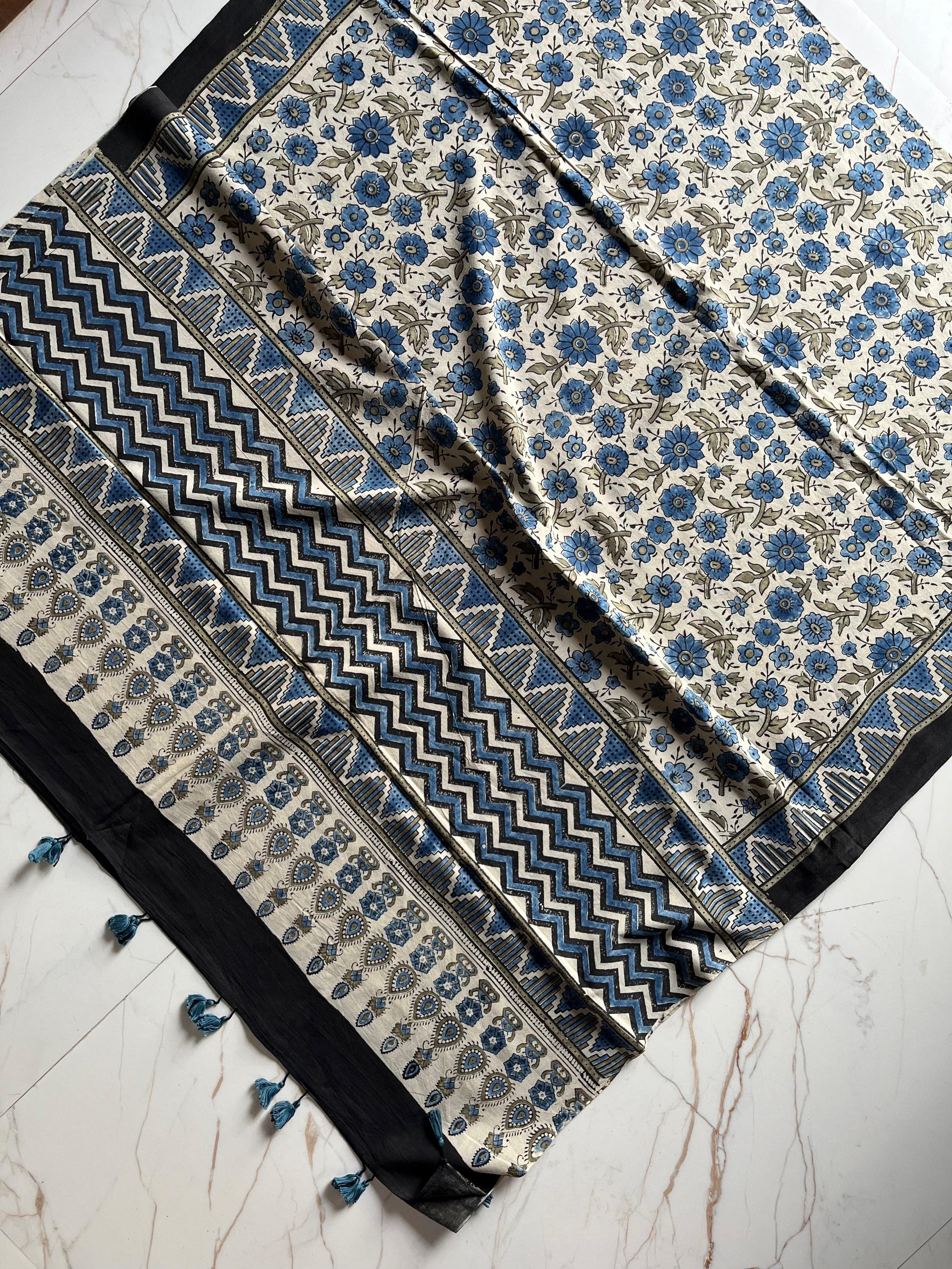 Ajrakh Hand Block Print Natural Dyed Cotton Dupatta With Tassels