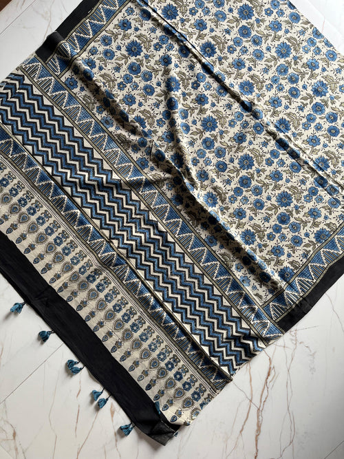 Ajrakh Hand Block Print Natural Dyed Cotton Dupatta With Tassels 108 - Neela Ghar