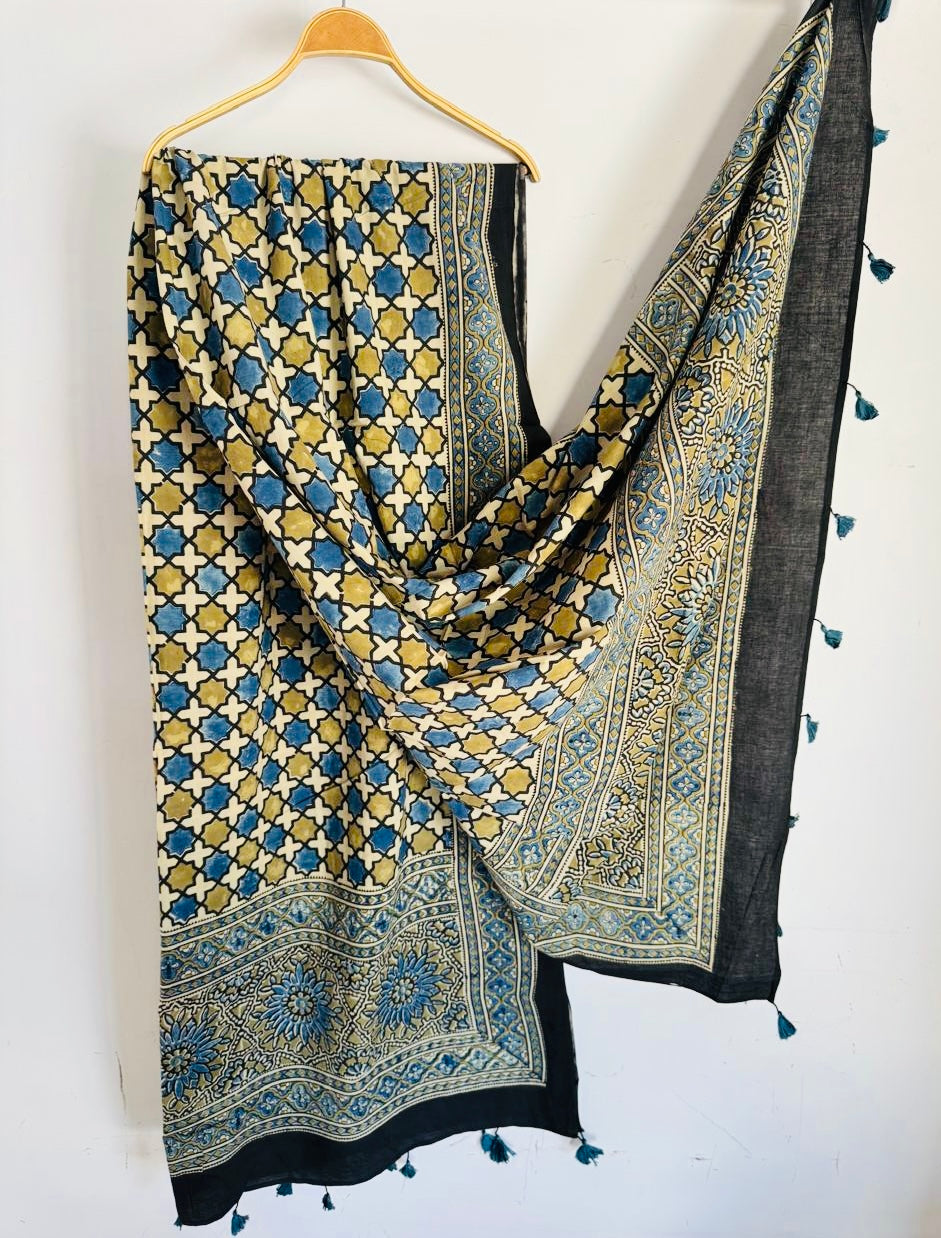 Ajrakh Hand Block Print Natural Dyed Cotton Dupatta With Tassels