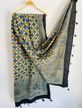 Moroccan Tile Ajrakh Hand Block Print Natural Dyed Cotton Dupatta With Tassels 106 - Neela Ghar