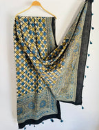 Moroccan Tile Ajrakh Hand Block Print Natural Dyed Cotton Dupatta With Tassels 106 - Neela Ghar