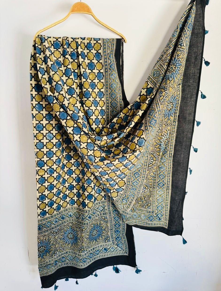 Moroccan Tile Ajrakh Hand Block Print Natural Dyed Cotton Dupatta With Tassels 106 - Neela Ghar