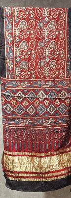 Hand Block Print Natural Dyed Modal Silk Ajrakh Stole with Lagdi Patta - Neela Ghar