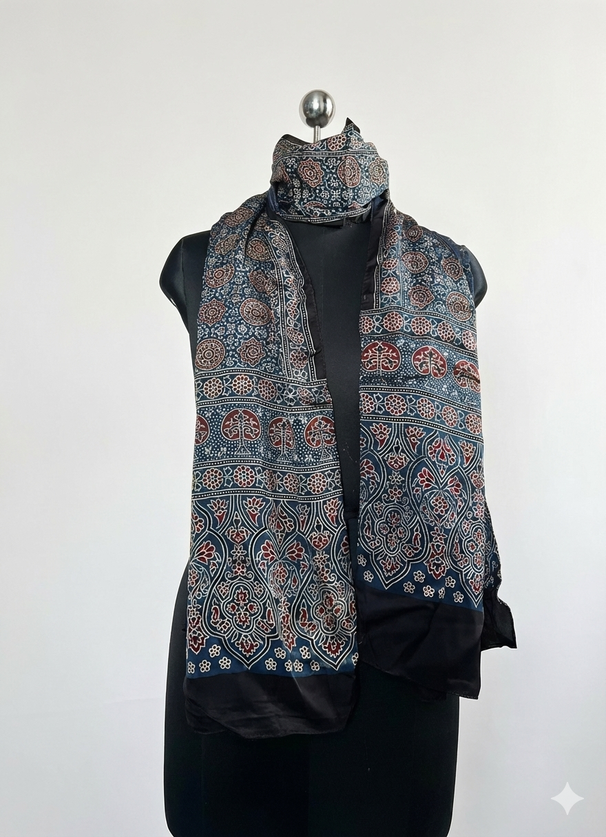 Ajrakh Modal Silk Handblock Printed Stole