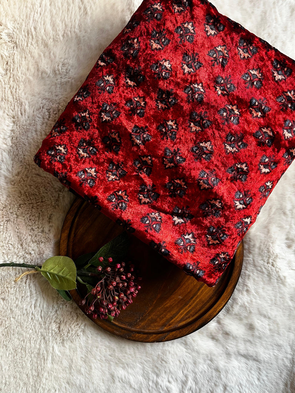 Red Butti Velvet Natural Dyed Hand Block Print Ajrakh Fabric