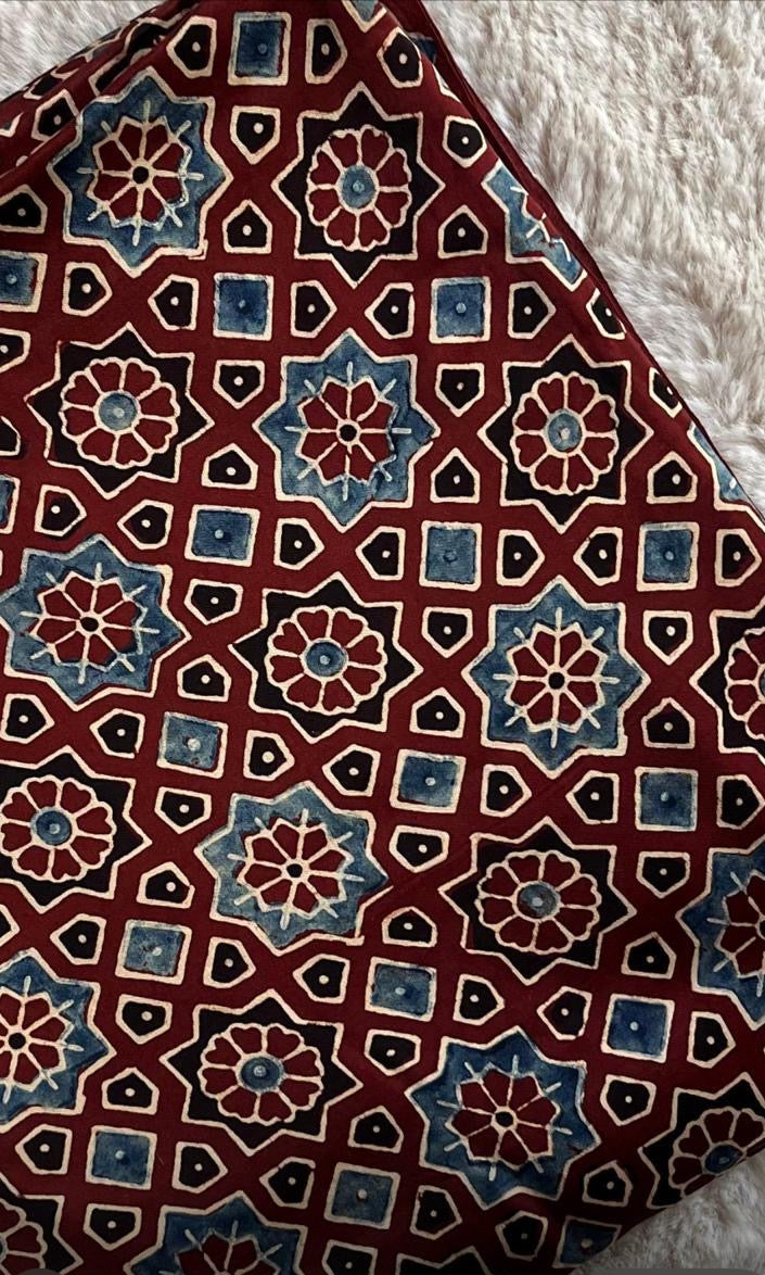 Brown Traditional Ajrakh Handblock Print Modalsilk Fabric
