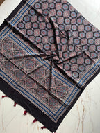 Black Ajrakh Hand Block Print Cotton Dupatta With Tassels 115 - Neela Ghar