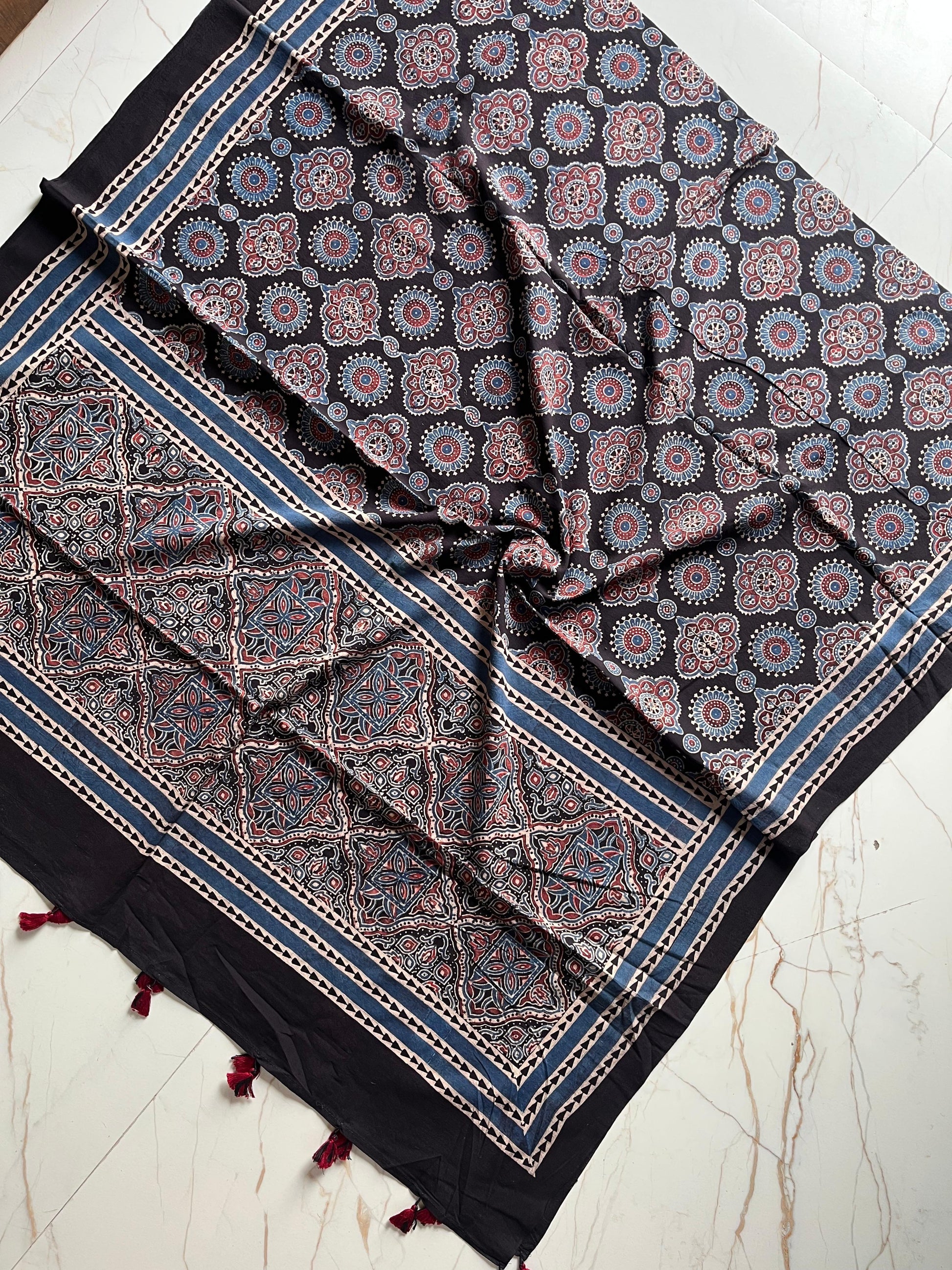Ajrakh Hand Block Print Natural Dyed Cotton Dupatta With Tassels