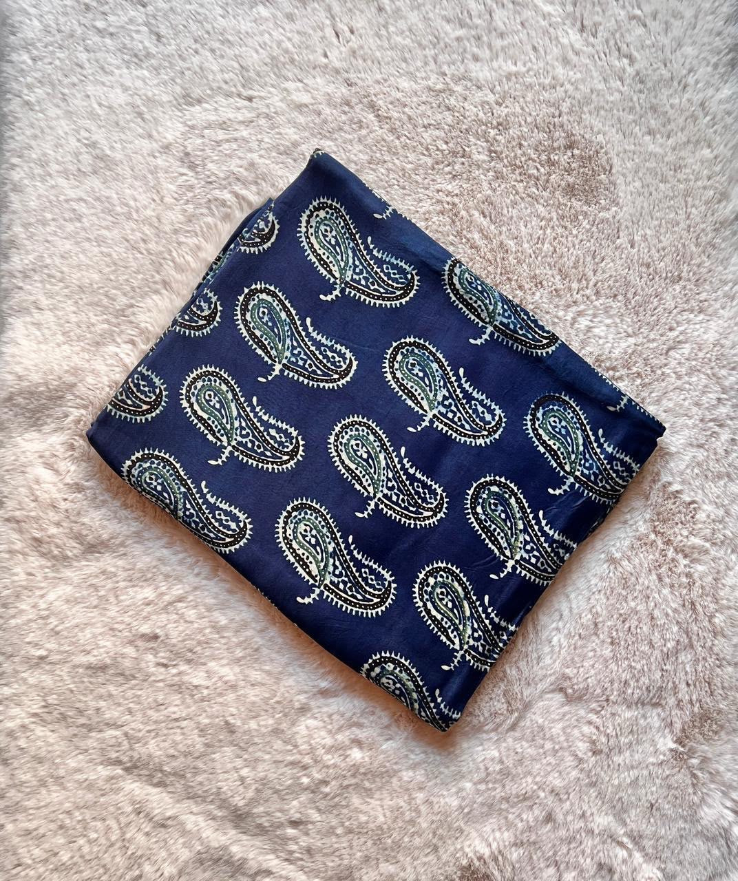 Indigo Paisley Ajrakh Handblock Print Modalsilk Fabric