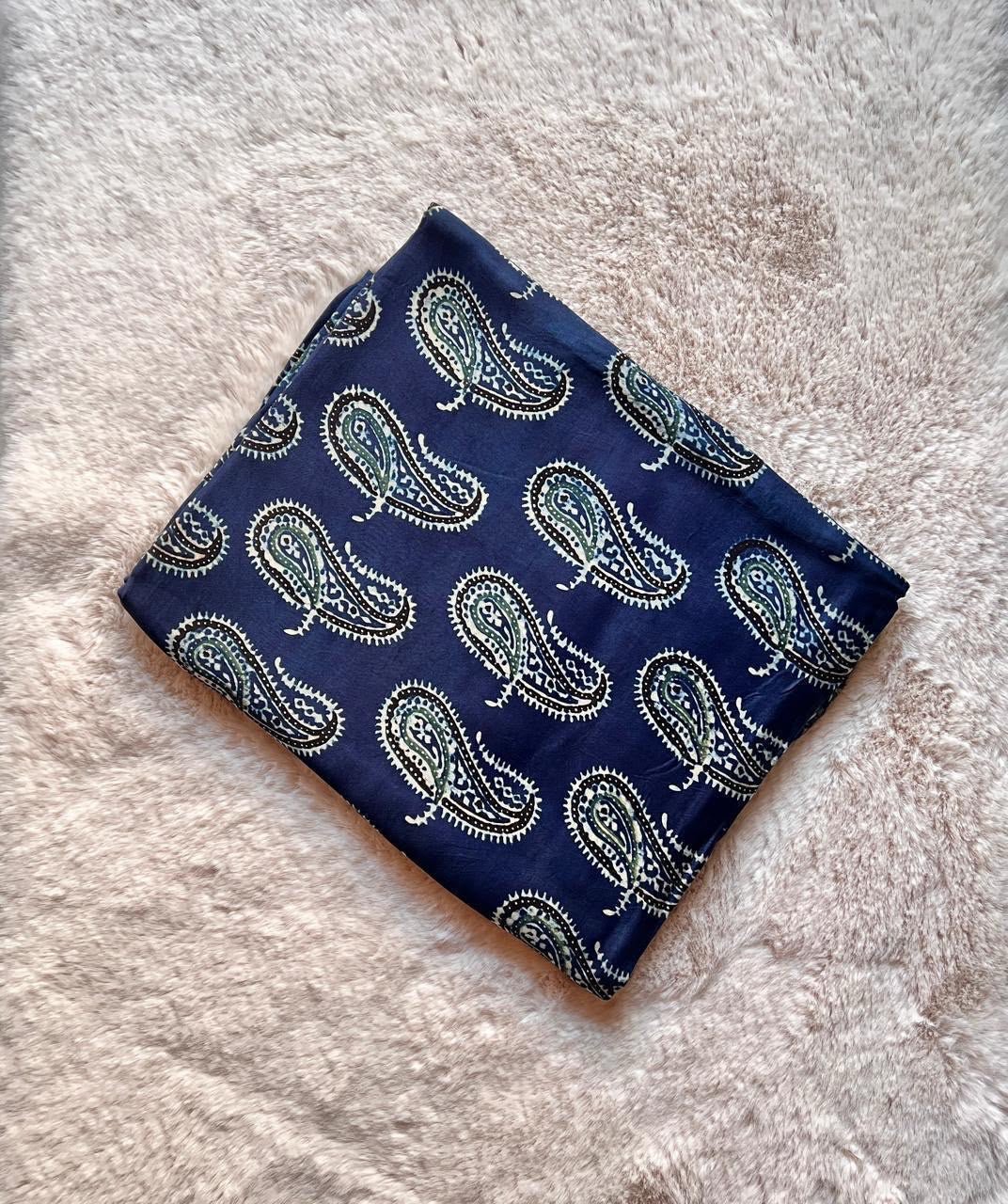 Indigo Paisley Ajrakh Handblock Print Modalsilk Fabric - Neela Ghar