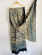 Ajrakh Hand Block Signature Print Natural Dyed Cotton Dupatta With Tassels 109 - Neela Ghar