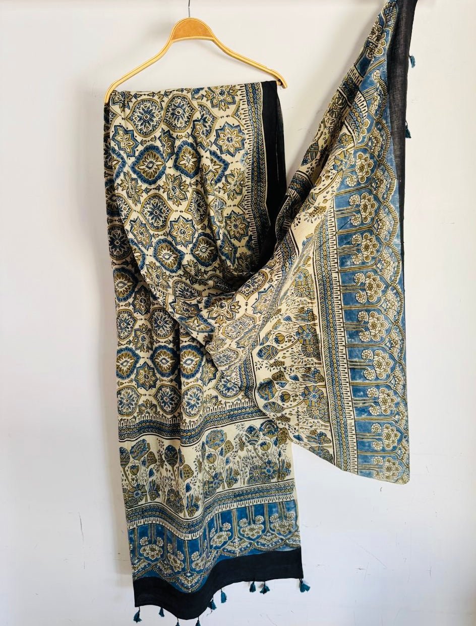 Ajrakh Hand Block Signature Print Natural Dyed Cotton Dupatta With Tassels 109 - Neela Ghar