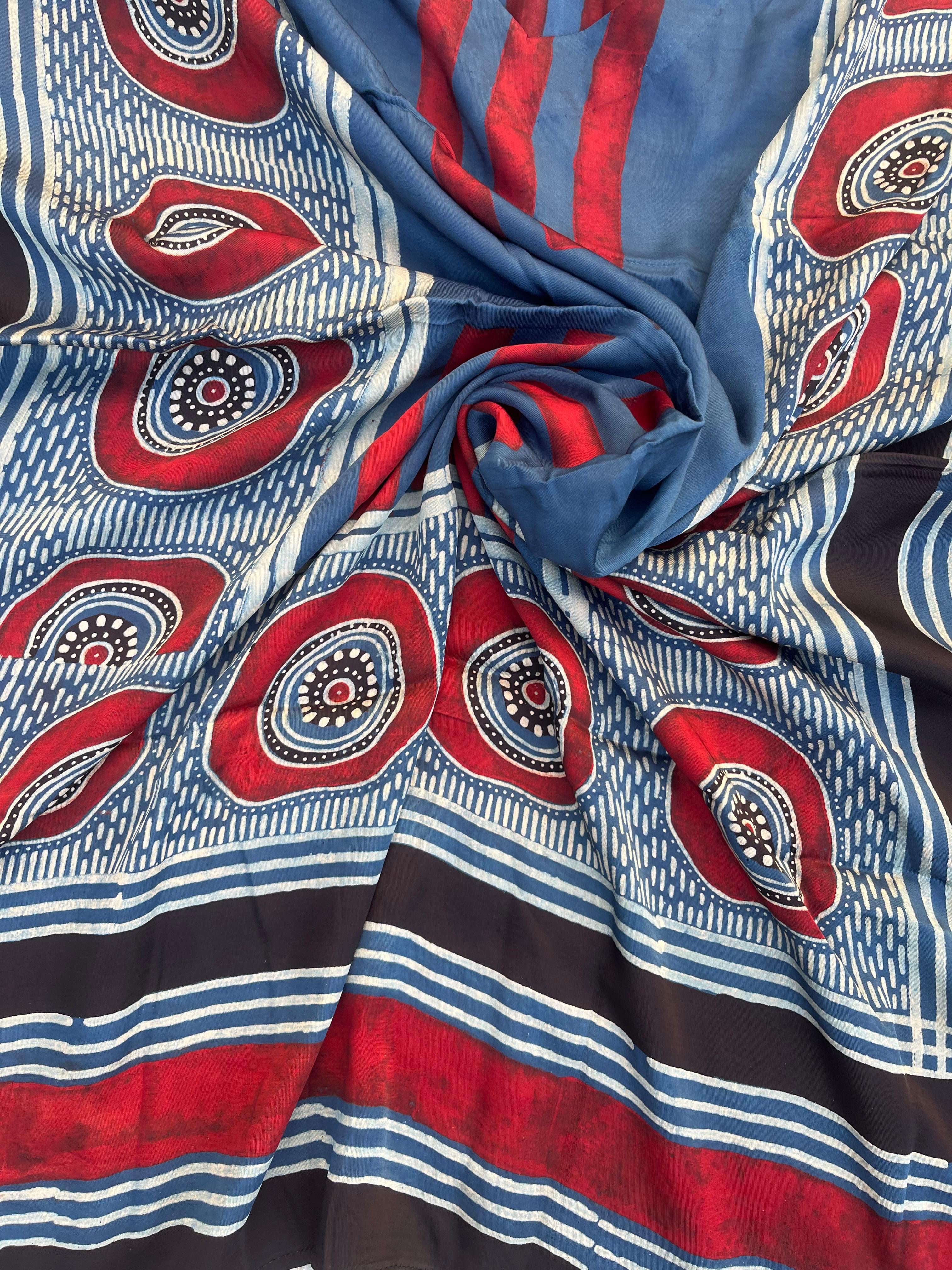 Indigo Red Evil Eye Ajrakh Handblock Kaftan - Neela Ghar