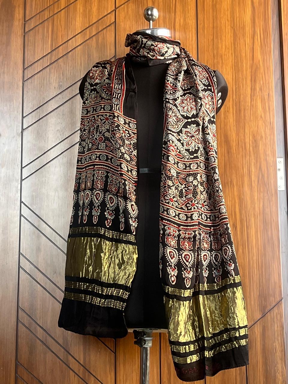 Black Signature Hand Block Print Natural Dyed Modal Silk Ajrakh Stole with Lagdi Patta