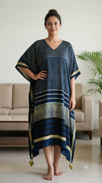 Indigo Microstripes Hand Block Print Ajarakh Kaftan Dress, Modal Silk, Indigo Blue Maxi for Women, Free Size
