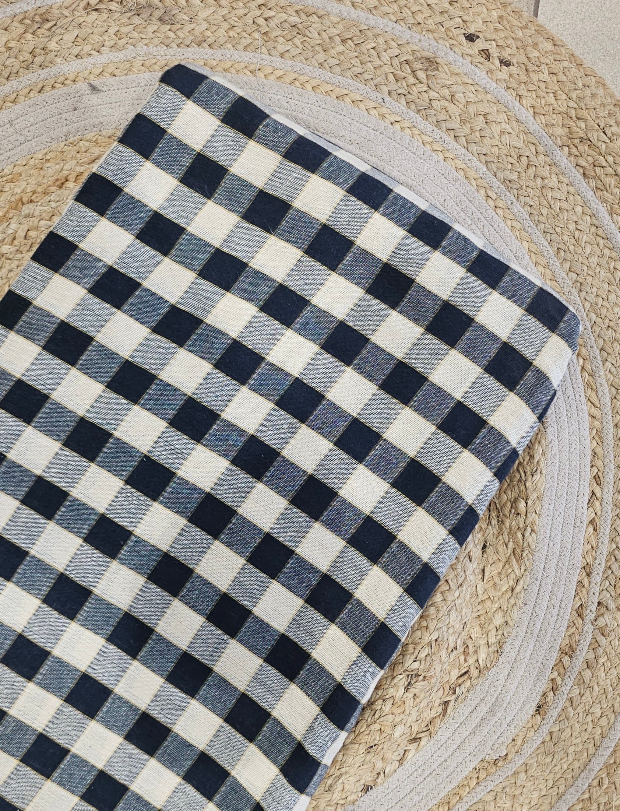 Black/White Checks Handwoven Kala Cotton Textile Fabric - Neela Ghar