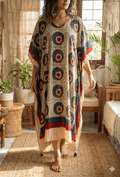 Classic White Evil Eye Ajrakh Handblock Kaftan - Neela Ghar