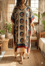 Classic White Evil Eye Ajrakh Handblock Kaftan - Neela Ghar