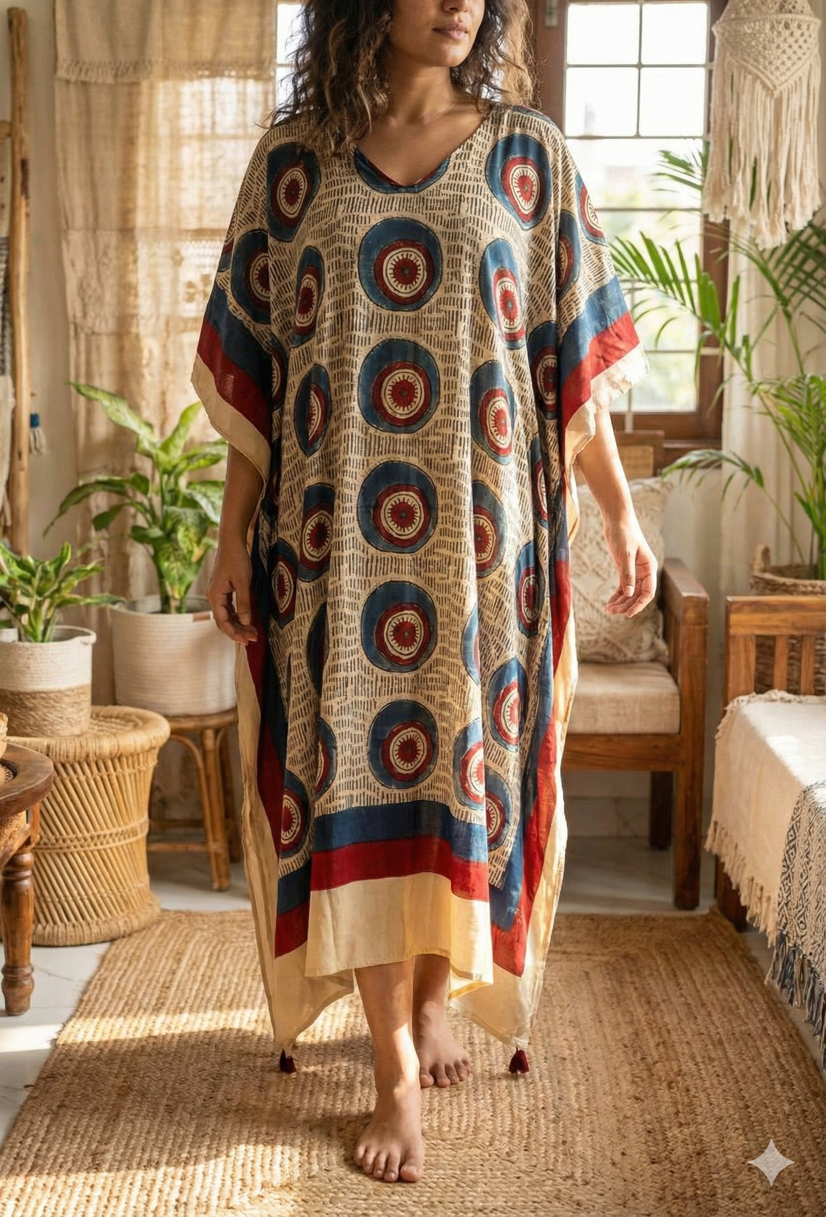 Classic White Evil Eye Ajrakh Handblock Kaftan