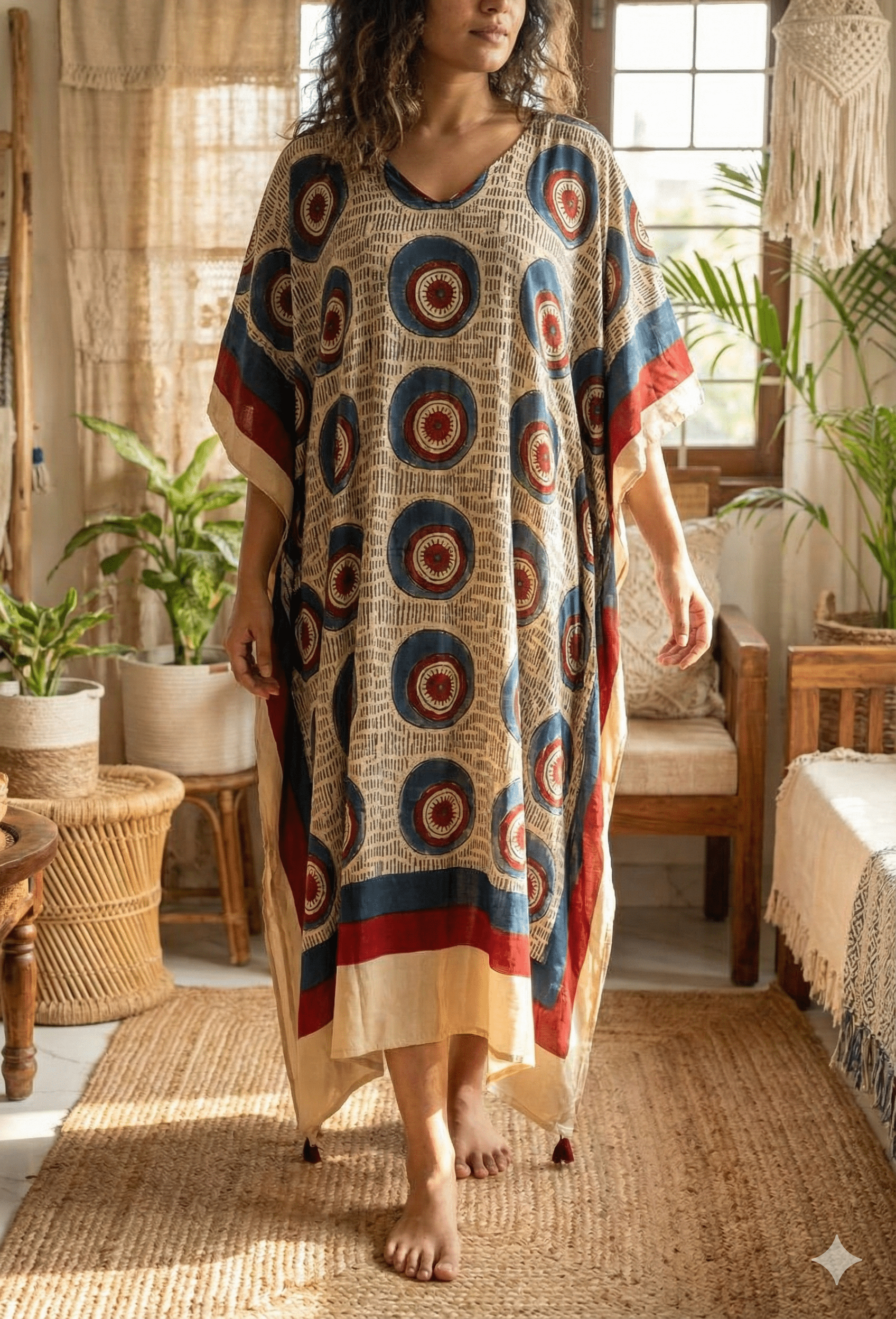 Classic White Evil Eye Ajrakh Handblock Kaftan - Neela Ghar