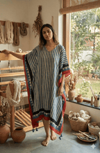 White Blue Stripes Ajrakh Handblock Kaftan - Neela Ghar