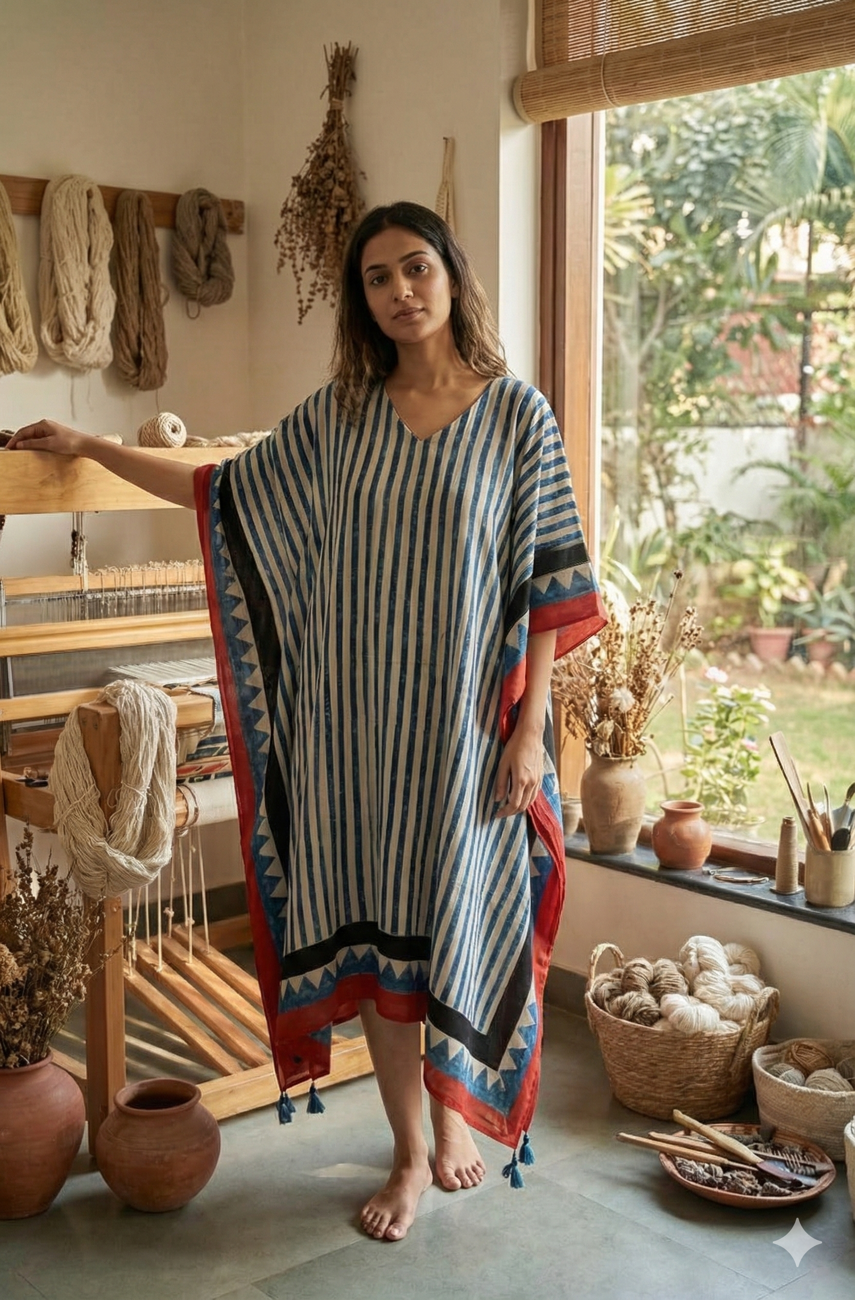 White Blue Stripes Ajrakh Handblock Kaftan