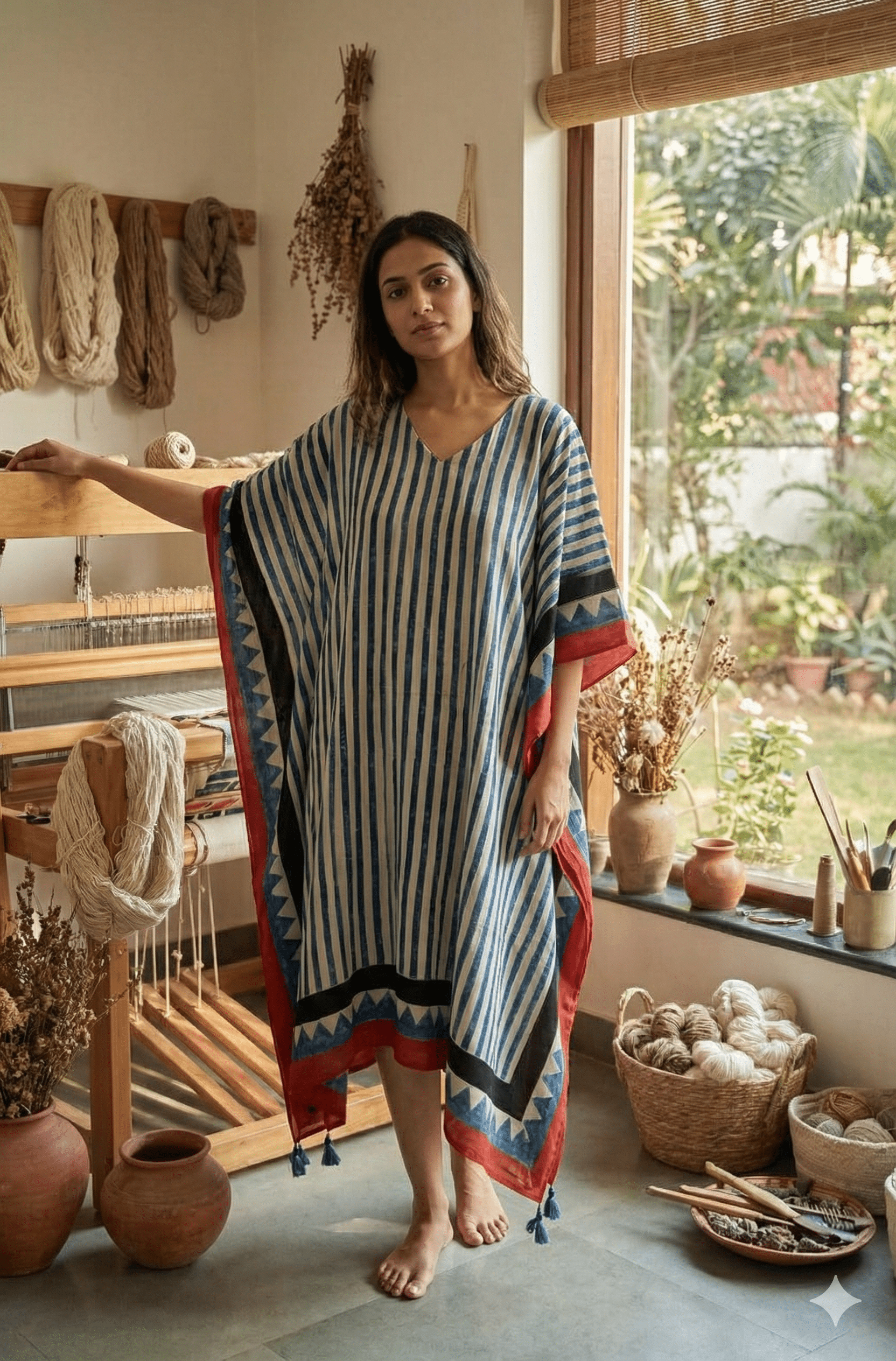 White Blue Stripes Ajrakh Handblock Kaftan - Neela Ghar