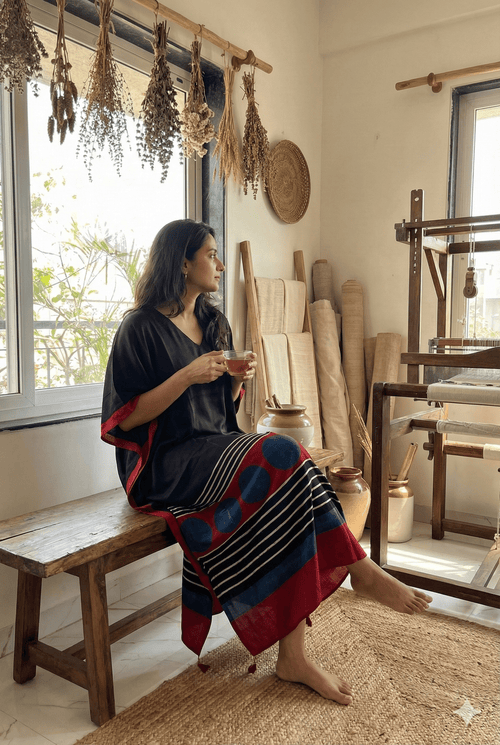 Black Hem Circle Ajrakh Handblock Kaftan - Neela Ghar