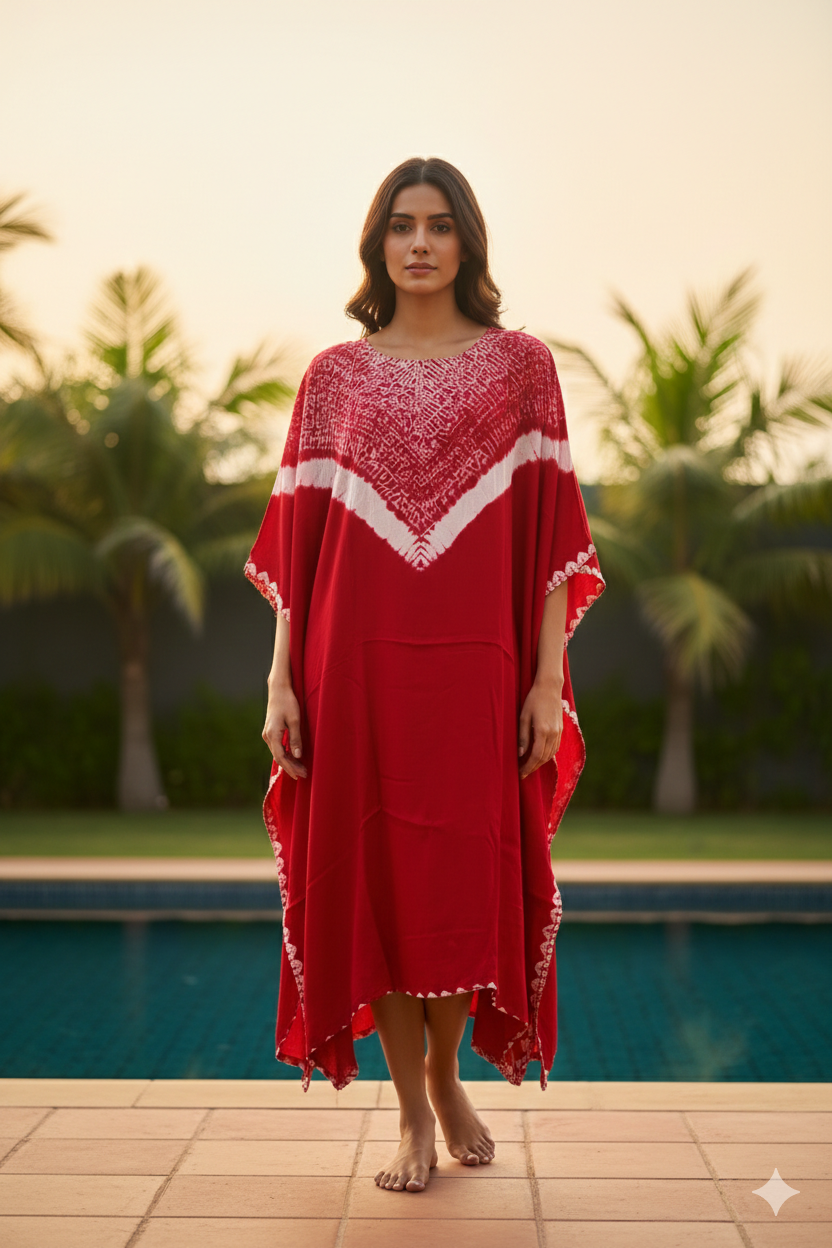 Red Shibori Handcrafted Ombre Kaftan Dress, Modal Silk, Red Pink  Maxi for Women, Free Size