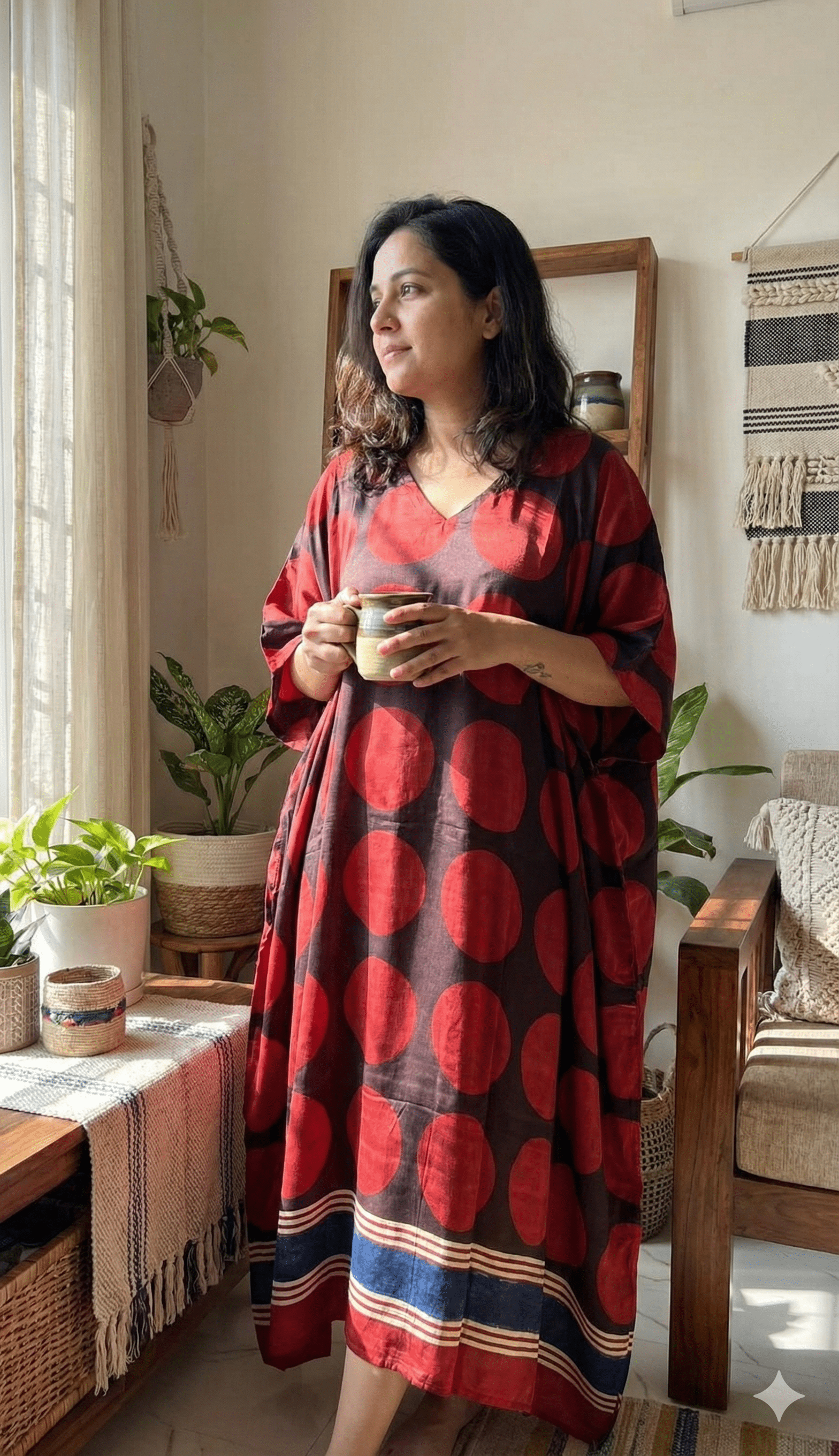 Black Red Circle Ajrakh Handblock Kaftan - Neela Ghar