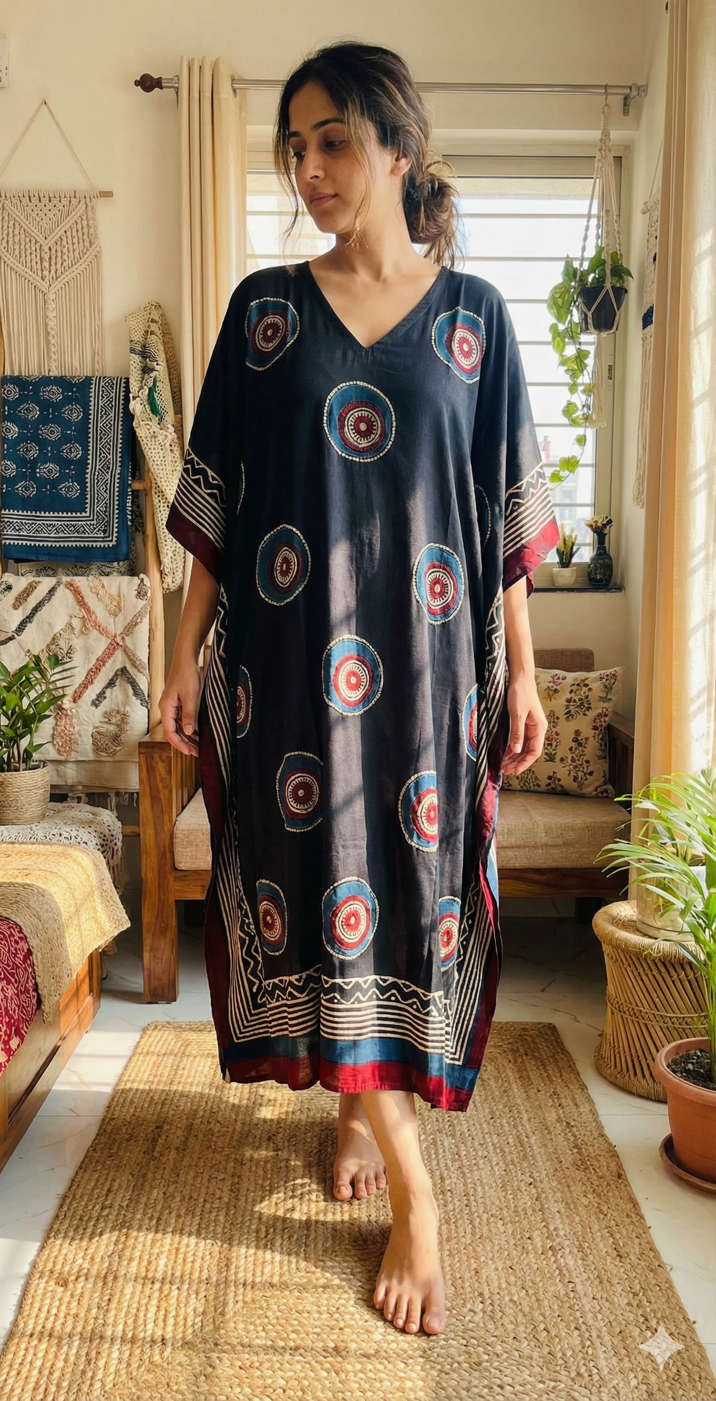 Black Evil Eye Ajrakh Handblock Kaftan - Neela Ghar