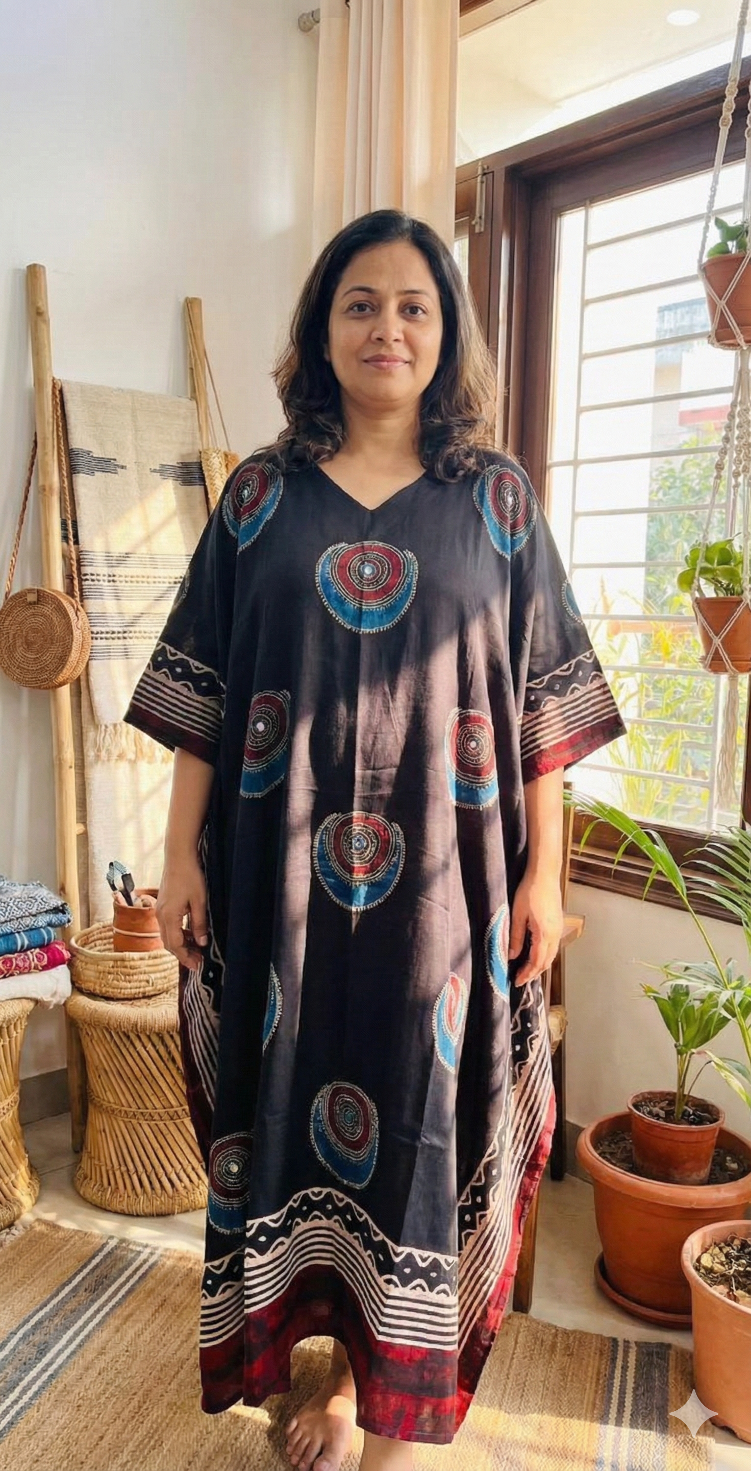Black Evil Eye Ajrakh Handblock Kaftan - Neela Ghar