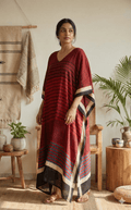Mud Red Uneven Stripes Ajrakh Handblock Kaftan - Neela Ghar