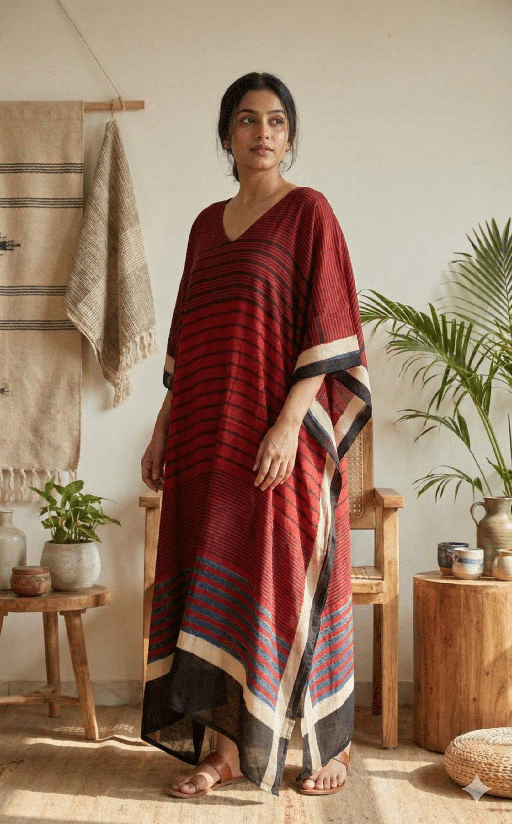 Mud Red Uneven Stripes Ajrakh Handblock Kaftan - Neela Ghar