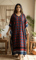 Indigo Red Pyramids Ajrakh Handblock Kaftan - Neela Ghar