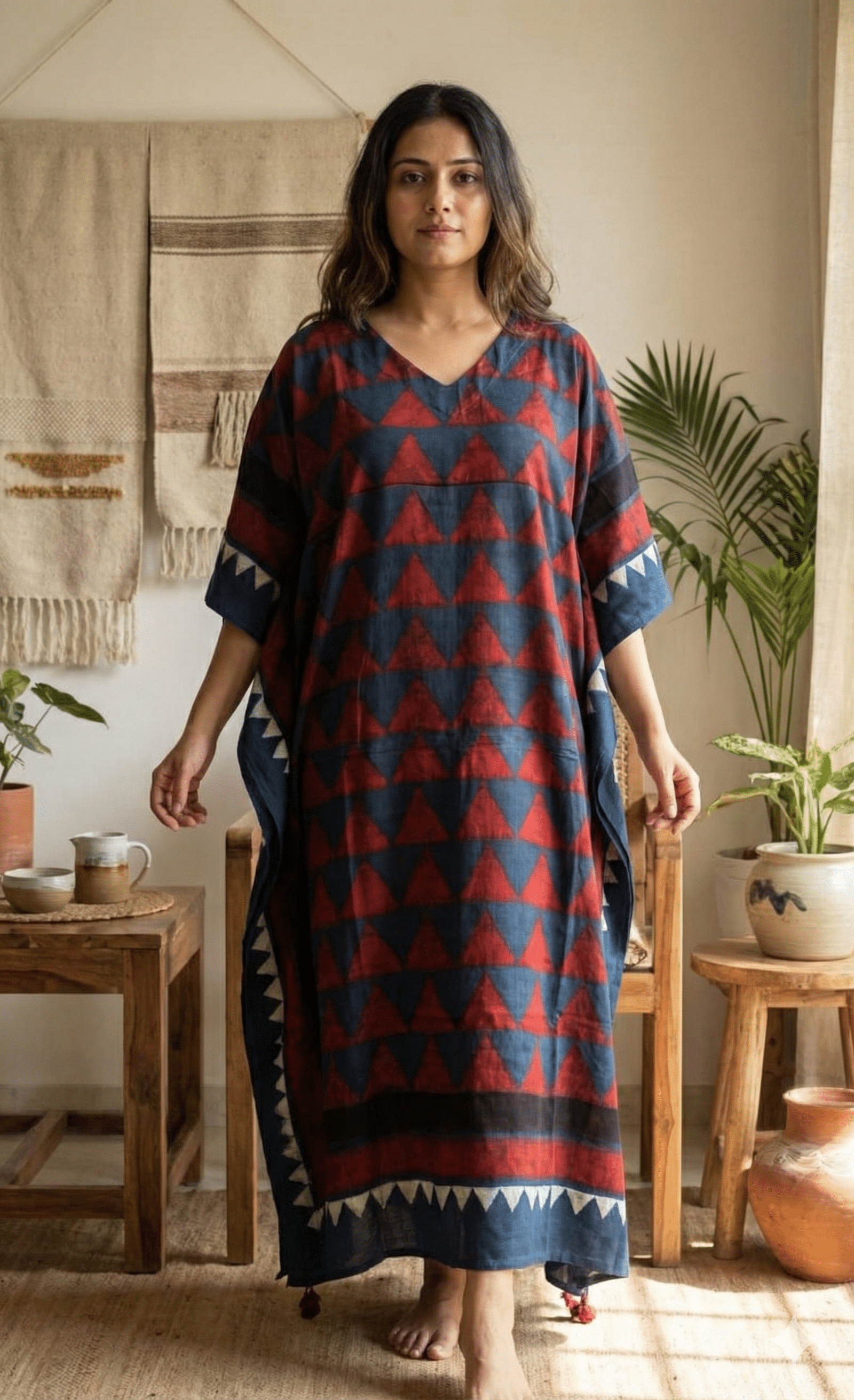Indigo Red Pyramids Ajrakh Handblock Kaftan - Neela Ghar